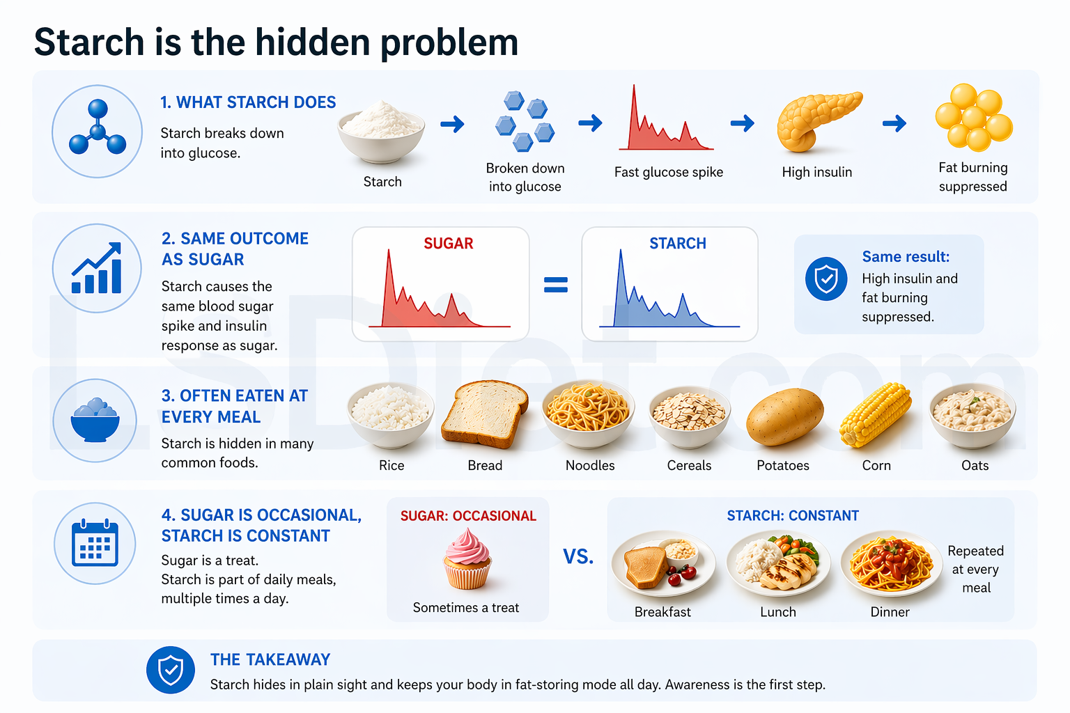 Starch is the hidden problem — rice, bread, noodles, cereals, potatoes, corn, and oats produce the same insulin response as sugar