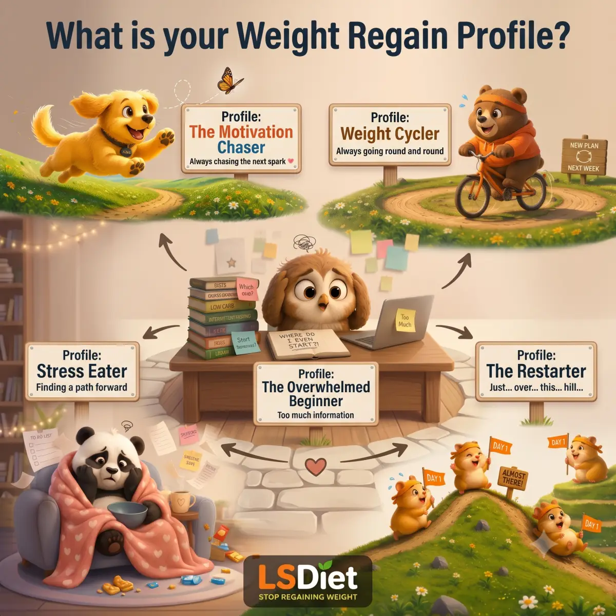 The five weight regain profiles: Motivation Chaser, Overwhelmed Beginner, Restarter, Stress Eater, and Weight Cycler